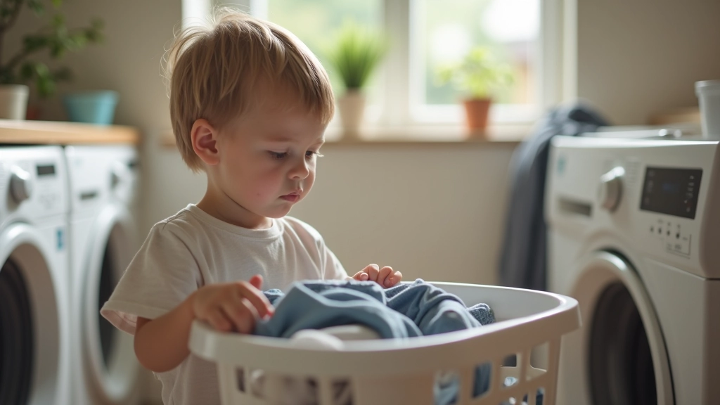 Child aged 8 standing in front of laundry basket, looking thoughtful, fully clothed in casual home wear, bright laundry room with natural light