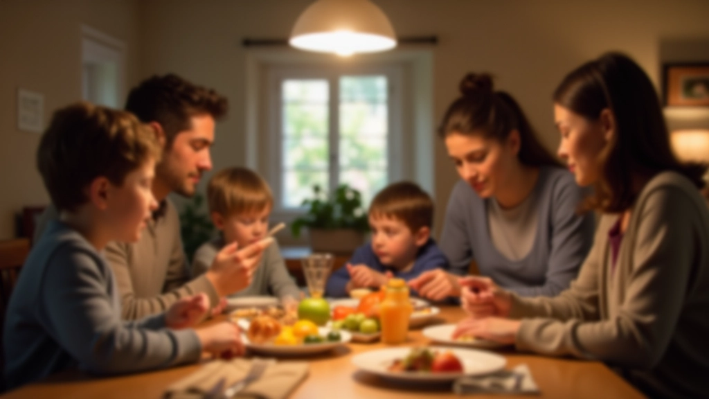 Family of three sitting at a dining table with one person holding a phone, showing the challenge of staying present
