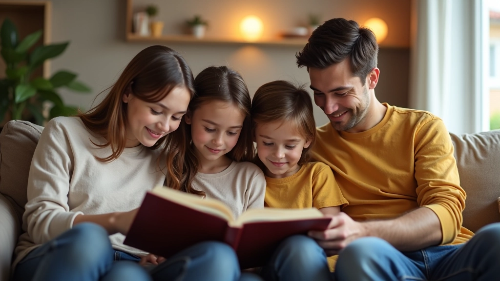 Family of four sitting together on a couch reading a book, with warm natural lighting and relaxed expressions