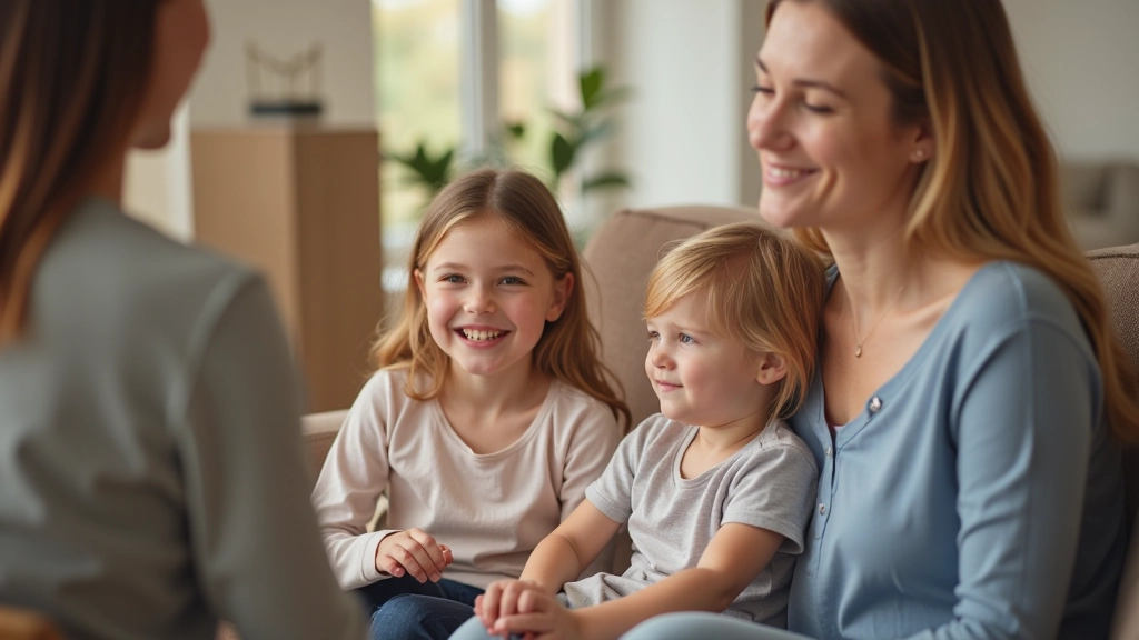 Family members laughing together during a counselling session with their therapist