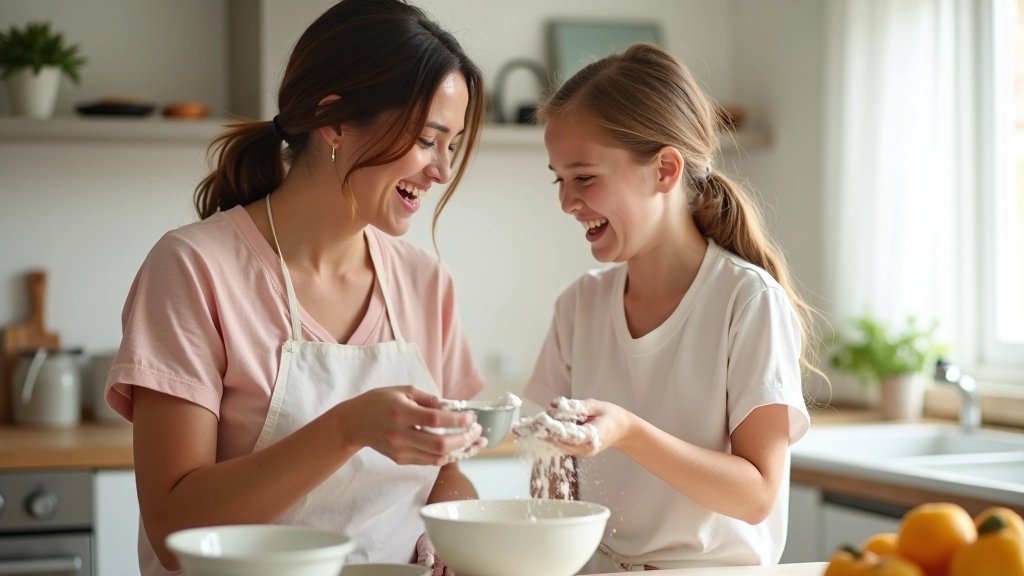Mother and daughter laughing while cooking together in a bright kitchen, flour on their hands and faces