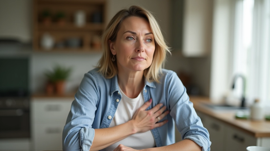 Parent looking calm and composed, taking a deep breath while sitting at kitchen table, fully clothed, soft natural lighting from window