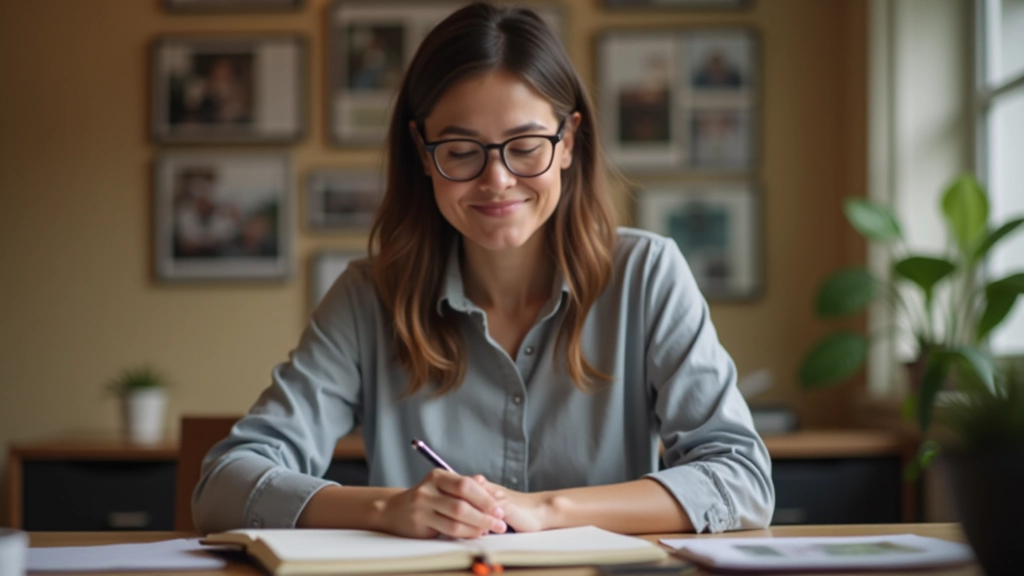 Parent writing notes in a journal at desk, fully clothed, focused expression, warm office lighting with family photos visible