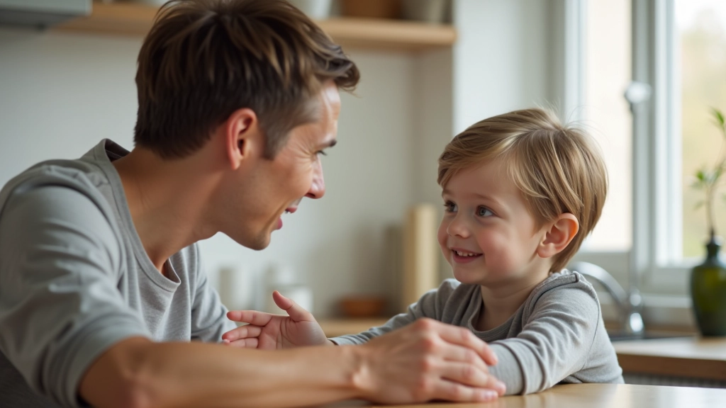 Parent and child aged 7 at kitchen counter, fully clothed, parent calmly explaining something while child listens, soft natural light