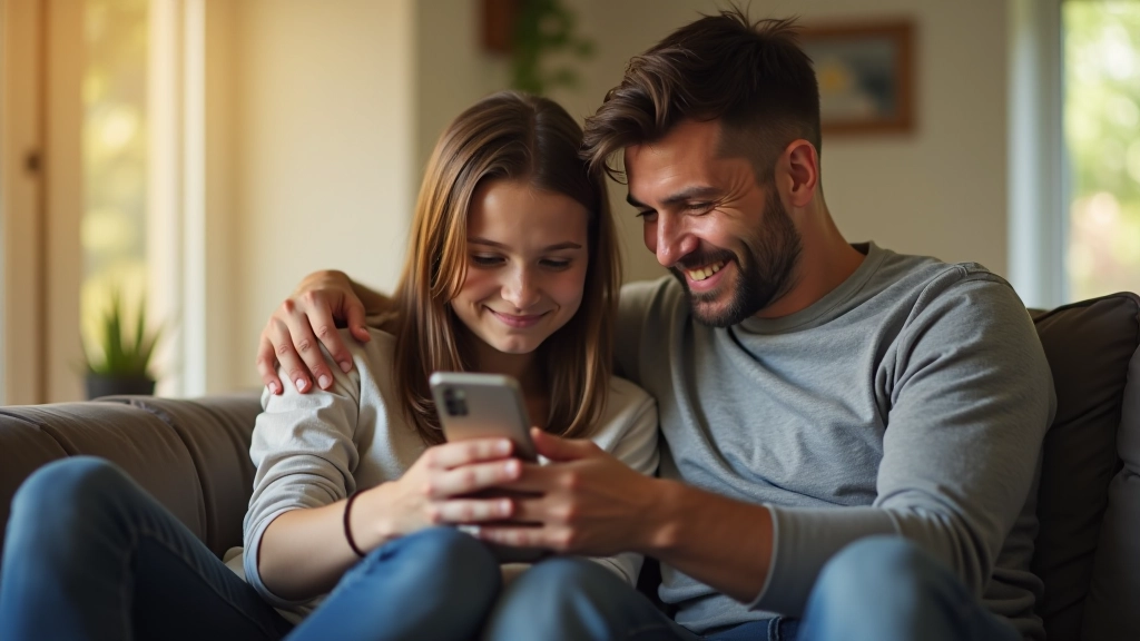 Parent and teenager sitting together on a couch in a living room, both looking at a phone screen together, engaged and conversational