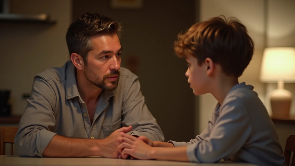 Parent and teenager aged 13 sitting at dining table, fully clothed, having serious but calm discussion, warm indoor lighting