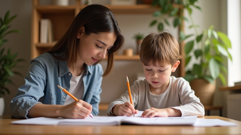 Parent looking thoughtful while child does homework at a desk