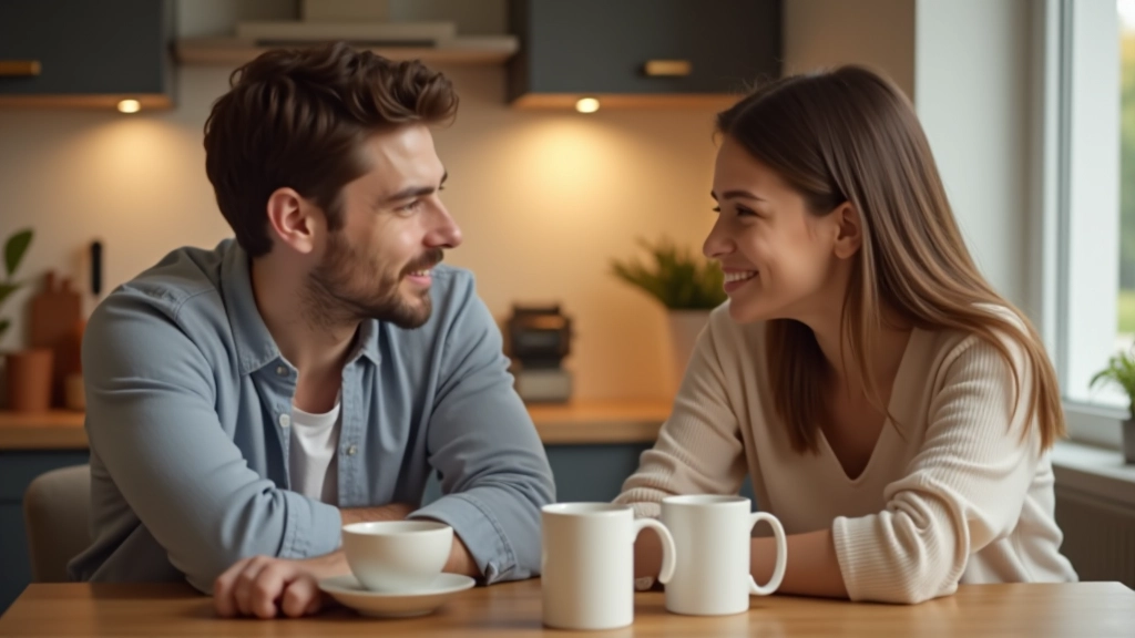 Parent and teenager having a conversation in a modern kitchen with coffee mugs