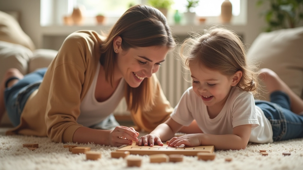 Parent and young child playing a board game together on a wooden floor