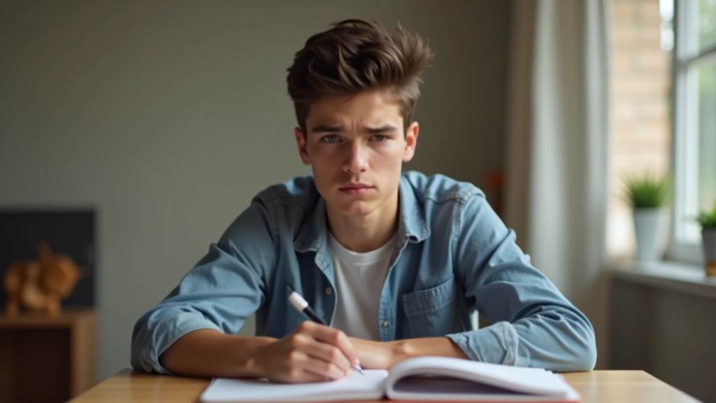 Teenager looking upset or worried sitting at a desk with homework materials, thoughtful expression in bedroom lighting